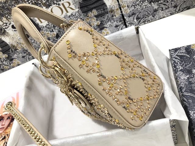 Dior女包 迪奧Lady Dior三格刺繡金色珠子燙鑽戴妃包 Dior手提肩背斜挎包  dfk1849